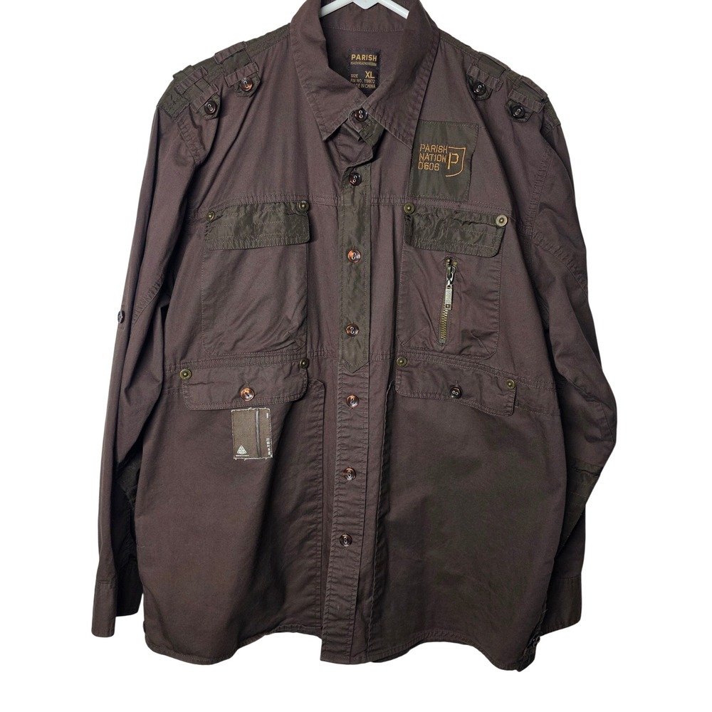 Parish Nation Mens XL Brown Military Utility Tactical Cargo Shirt Multi Pocket